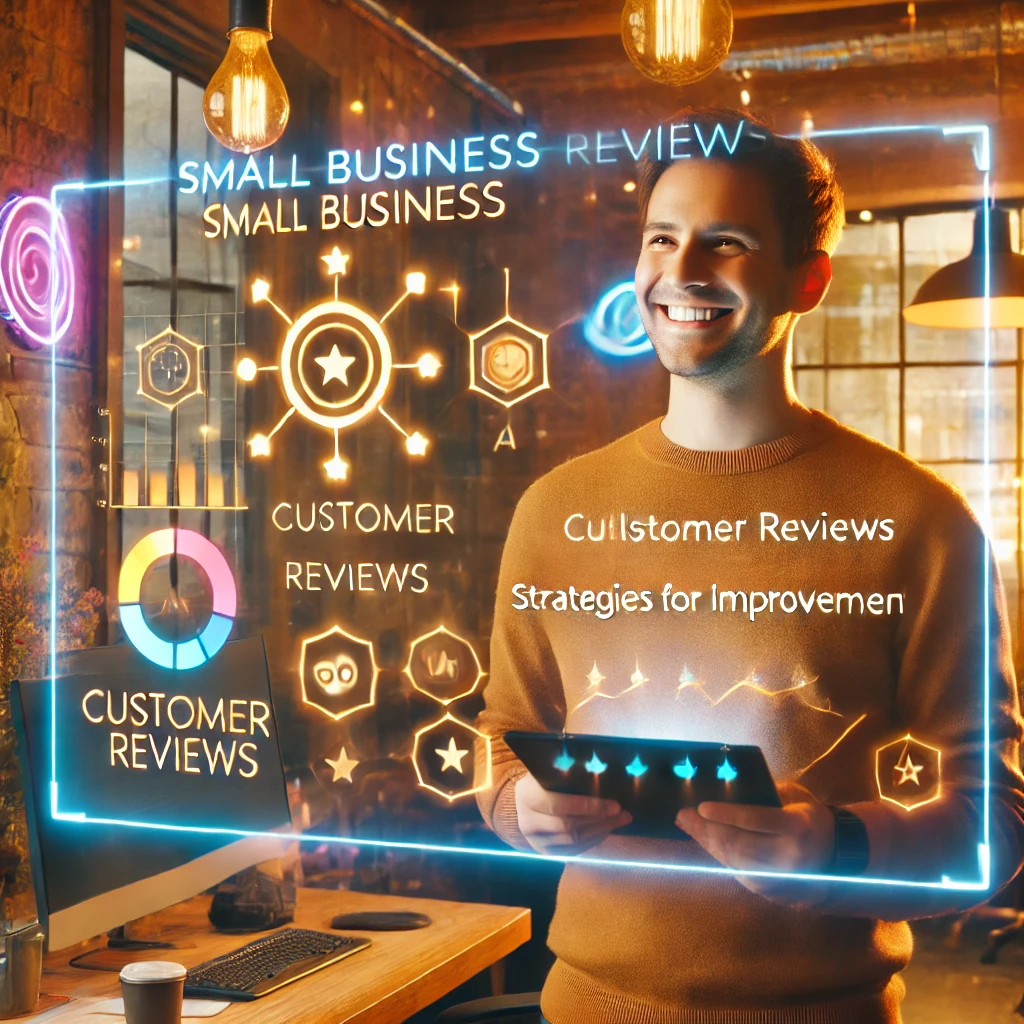 Dueño de un pequeño negocio sonriente mientras observa un panel de IA analizando reseñas de clientes y generando estrategias en un ambiente cálido y retro-futurista Dueño de un pequeño negocio sonriente mientras observa un panel de IA analizando reseñas de clientes y generando estrategias en un ambiente cálido y retro-futurista