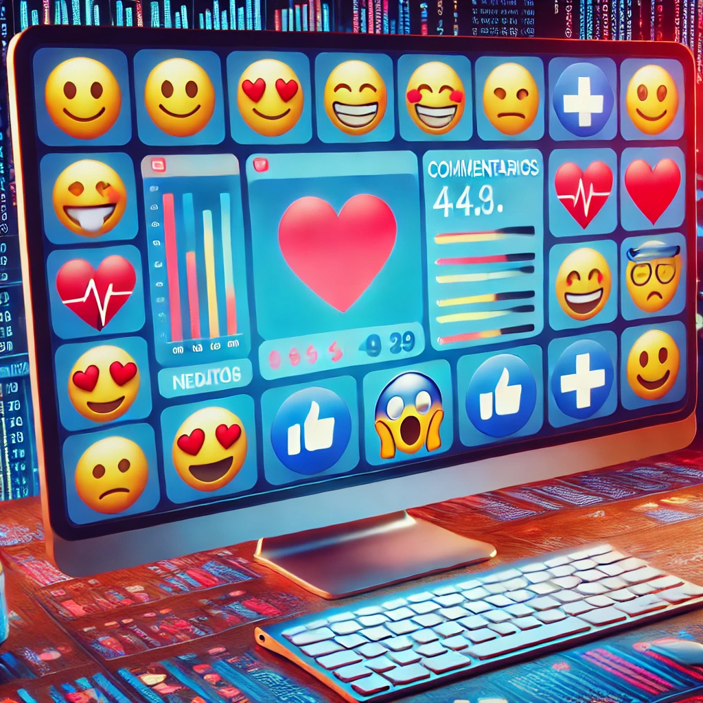 Pequeña empresa monitoreando comentarios en redes sociales en una pantalla con datos y emojis reflejando el sentimiento del cliente Pequeña empresa monitoreando comentarios en redes sociales en una pantalla con datos y emojis reflejando el sentimiento del cliente