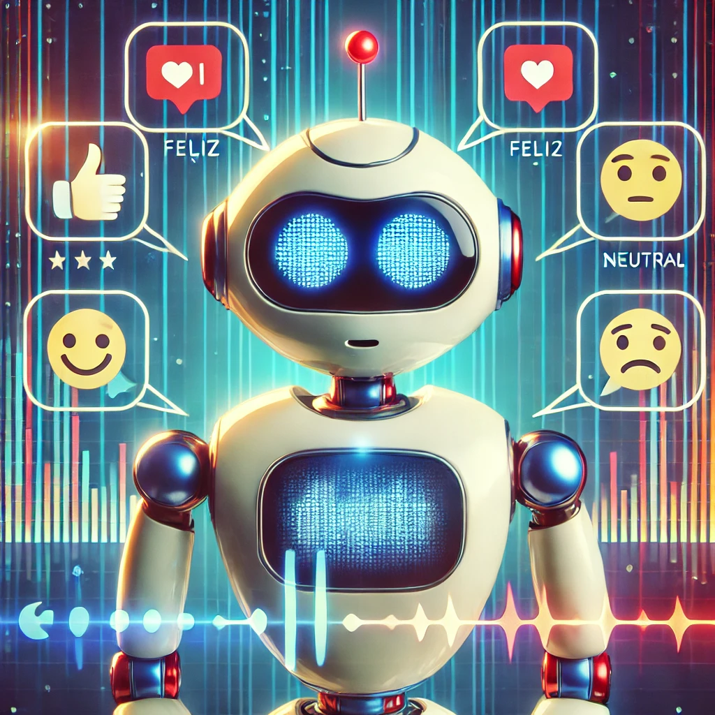 Chatbot analizando opiniones de clientes en un entorno digital, con mensajes flotando y emojis representando diferentes emociones Chatbot analizando opiniones de clientes en un entorno digital, con mensajes flotando y emojis representando diferentes emociones
