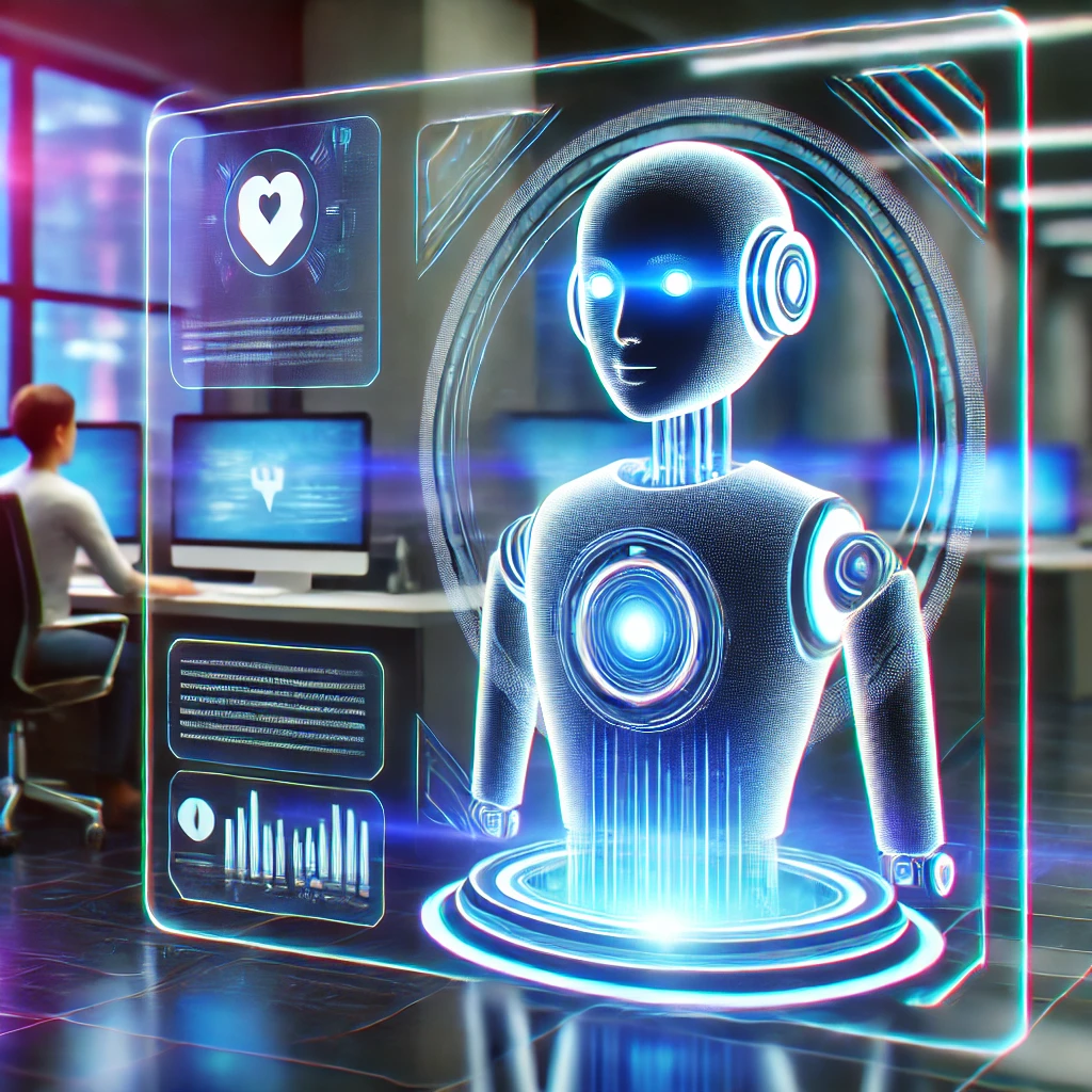 Chatbot de inteligencia artificial interactuando con usuarios en una pantalla holográfica en un entorno tecnológico con iluminación neón Chatbot de inteligencia artificial interactuando con usuarios en una pantalla holográfica en un entorno tecnológico con iluminación neón