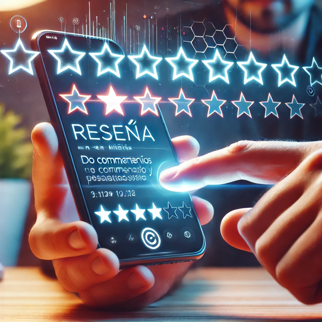 Un cliente usando su smartphone para dejar una reseña en línea, con estrellas de calificación visibles en la pantalla Un cliente usando su smartphone para dejar una reseña en línea, con estrellas de calificación visibles en la pantalla