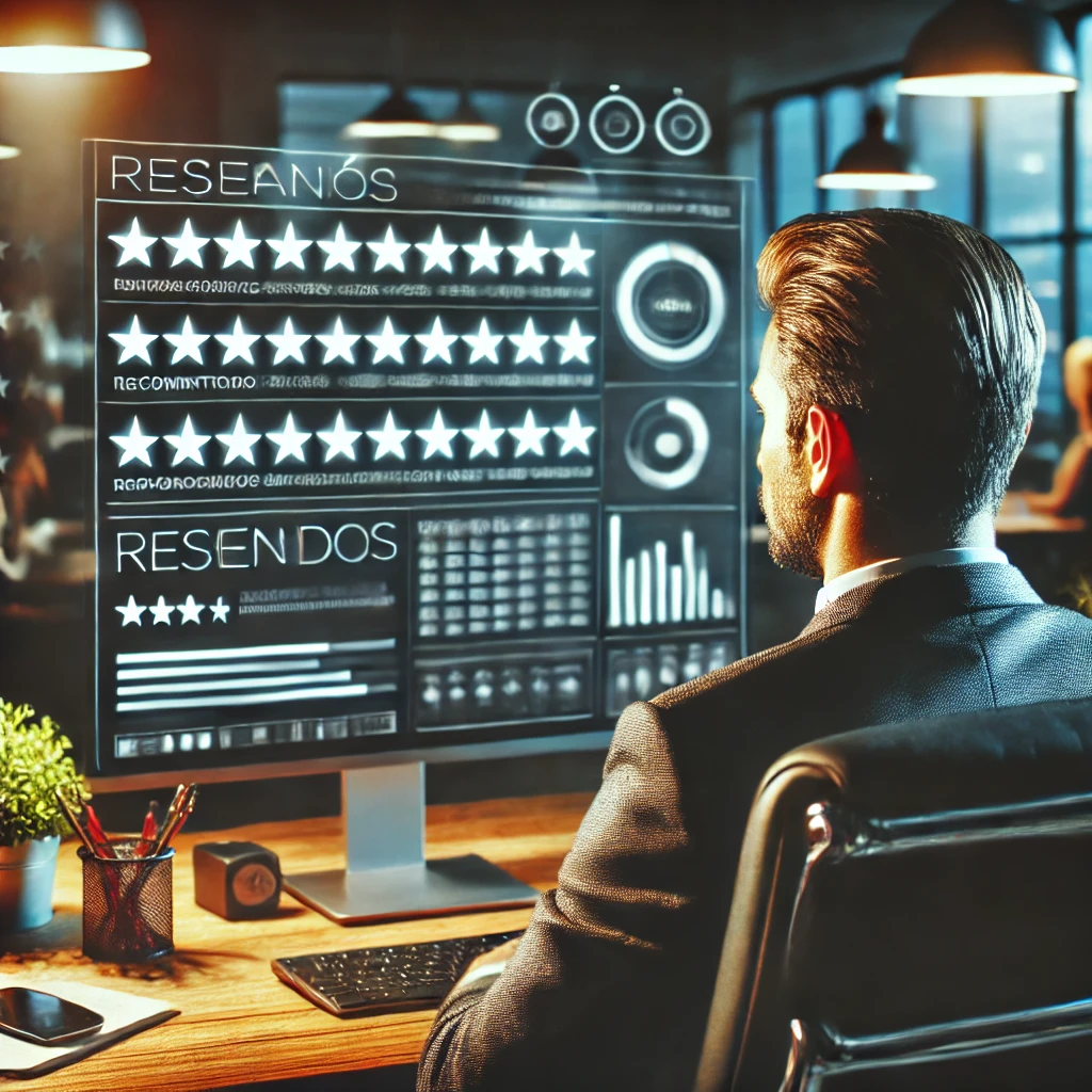 Un dueño de negocio en su oficina revisando y respondiendo reseñas en su computadora, con un ambiente profesional y tecnológico Un dueño de negocio en su oficina revisando y respondiendo reseñas en su computadora, con un ambiente profesional y tecnológico