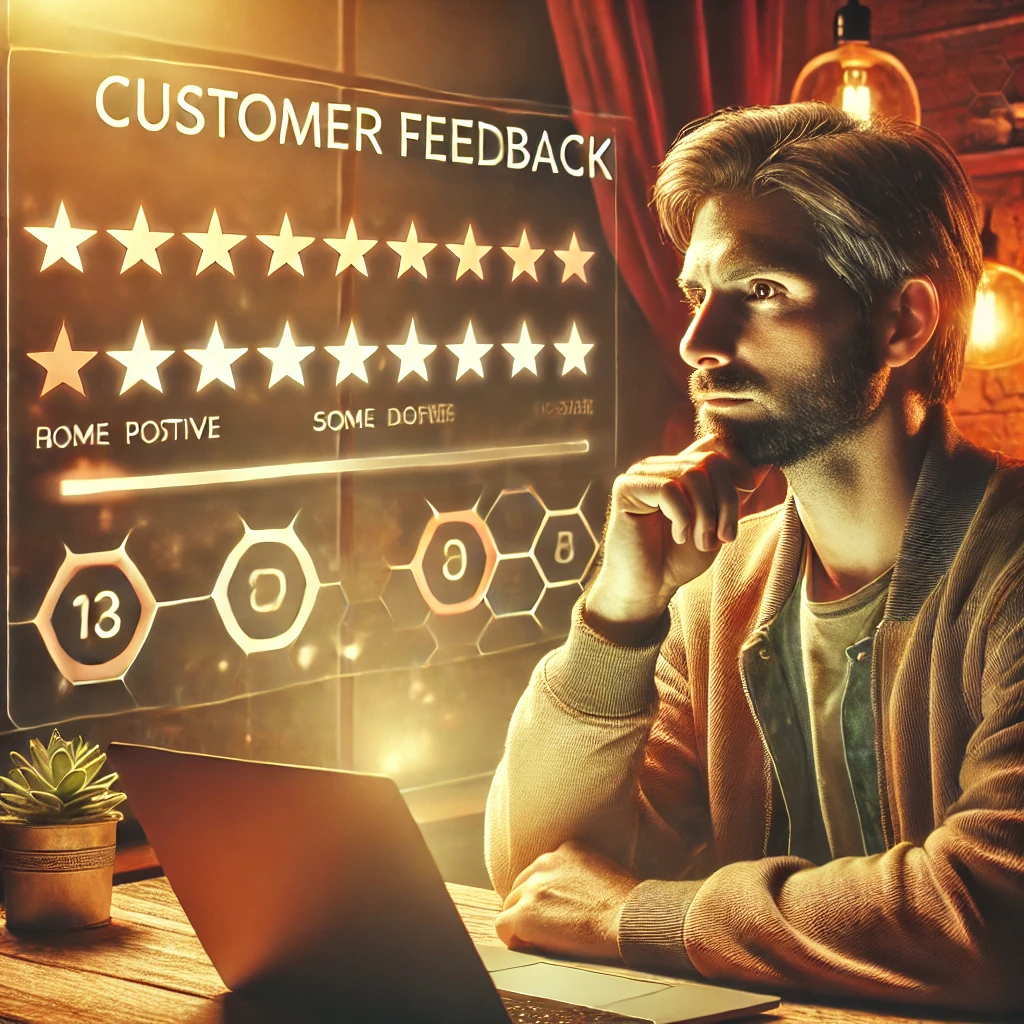 Un empresario revisa comentarios en su laptop con expresión pensativa, analizando feedback para mejorar su negocio Un empresario revisa comentarios en su laptop con expresión pensativa, analizando feedback para mejorar su negocio