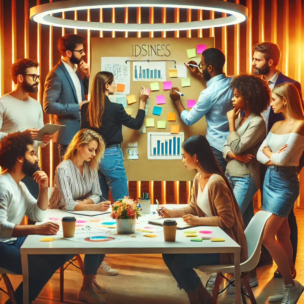 Un equipo de trabajo colabora frente a una pizarra, escribiendo ideas para mejorar la empresa con un enfoque positivo Un equipo de trabajo colabora frente a una pizarra, escribiendo ideas para mejorar la empresa con un enfoque positivo