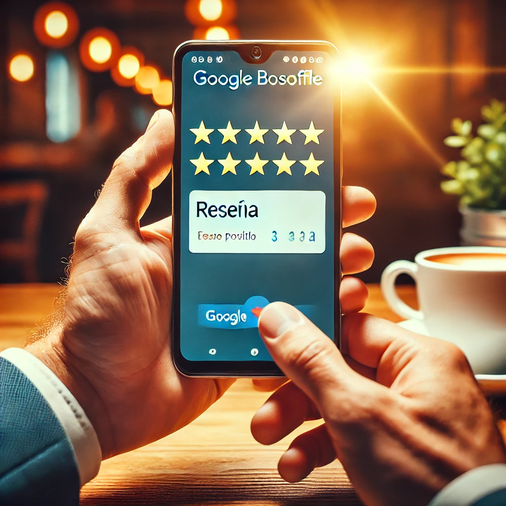Un cliente sosteniendo un smartphone y dejando una reseña positiva en Google Business Profile, con cinco estrellas visibles en la pantalla Un cliente sosteniendo un smartphone y dejando una reseña positiva en Google Business Profile, con cinco estrellas visibles en la pantalla