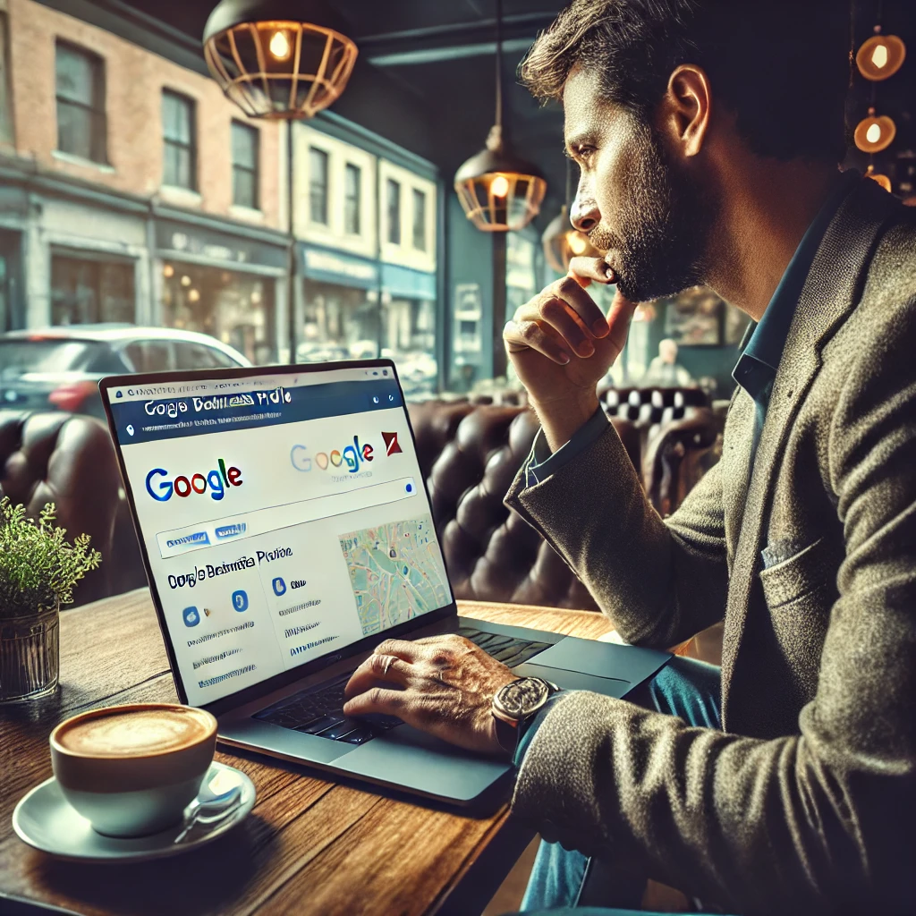 Un emprendedor sentado en una cafetería revisando su perfil de Google Business Profile en una laptop, con la pantalla mostrando mapas y reseñas Un emprendedor sentado en una cafetería revisando su perfil de Google Business Profile en una laptop, con la pantalla mostrando mapas y reseñas