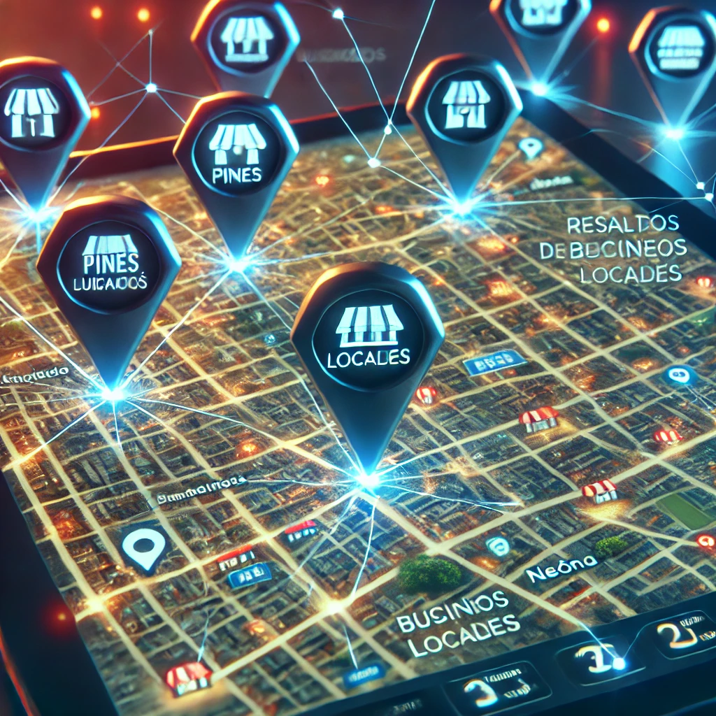 Un mapa digital con varios pines de ubicación resaltando negocios locales, en un entorno retro-futurista con luces de neón Un mapa digital con varios pines de ubicación resaltando negocios locales, en un entorno retro-futurista con luces de neón