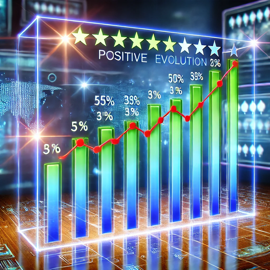 Gráfico holográfico mostrando el crecimiento positivo de la reputación de una empresa, con barras y líneas en colores vibrantes sobre un fondo tecnológico