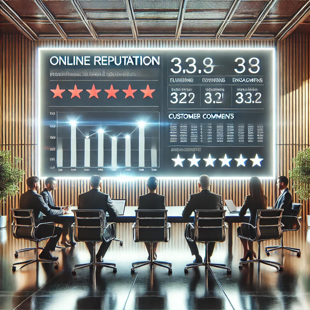 Equipo de profesionales en una sala de reuniones futurista, observando métricas de reputación online en una gran pantalla interactiva