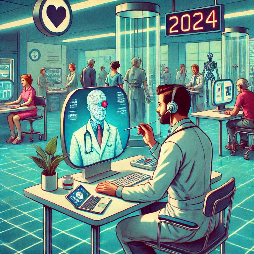 Ilustración retro-futurista de una clínica en 2024 con consultas médicas virtuales mediante pantallas holográficas y pacientes agendando citas en línea Ilustración retro-futurista de una clínica en 2024 con consultas médicas virtuales mediante pantallas holográficas y pacientes agendando citas en línea