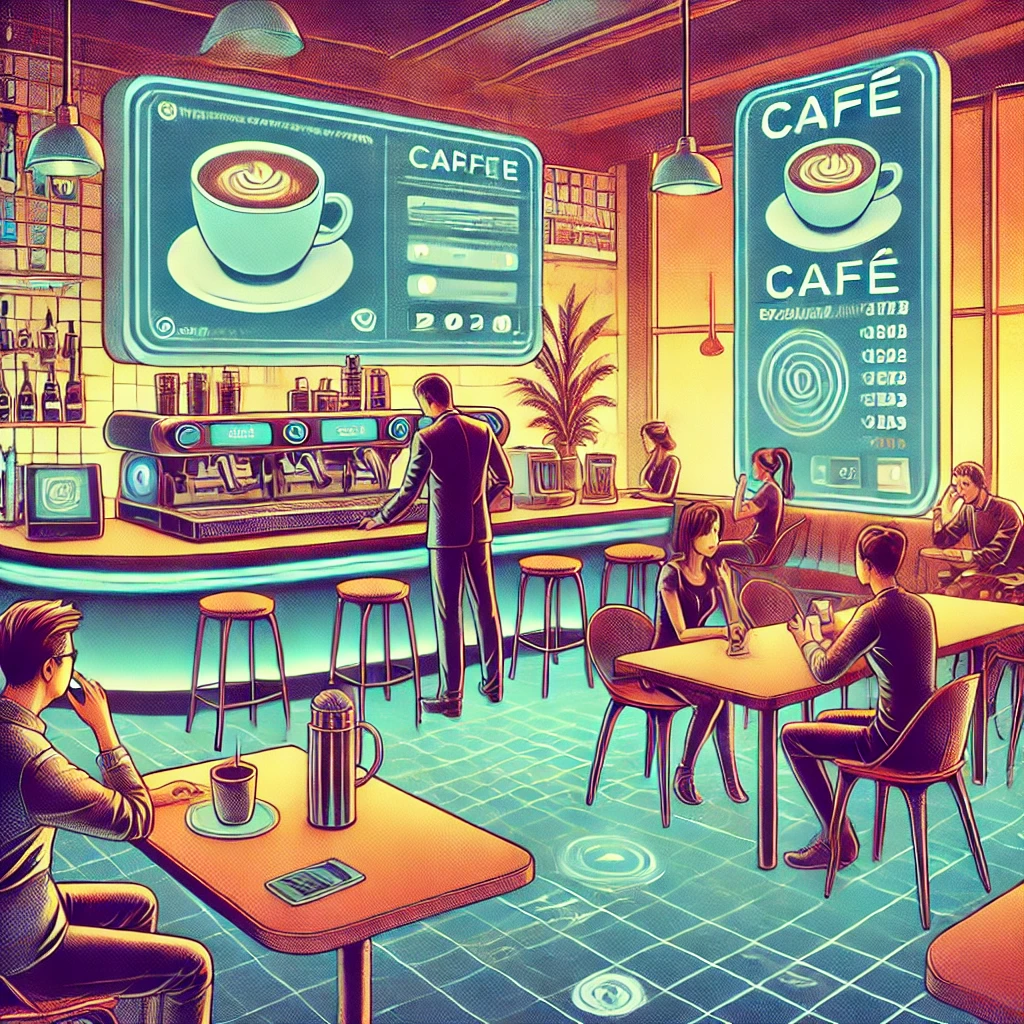 Ilustración retro-futurista de una cafetería moderna en 2024 con pantallas interactivas, pedidos en línea y clientes usando aplicaciones móviles Ilustración retro-futurista de una cafetería moderna en 2024 con pantallas interactivas, pedidos en línea y clientes usando aplicaciones móviles