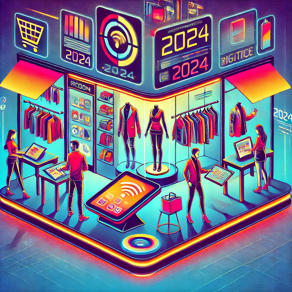 Ilustración retro-futurista de una tienda de moda en 2024 con escaparates digitales, clientes comprando en línea y una experiencia integrada entre lo físico y digital Ilustración retro-futurista de una tienda de moda en 2024 con escaparates digitales, clientes comprando en línea y una experiencia integrada entre lo físico y digital