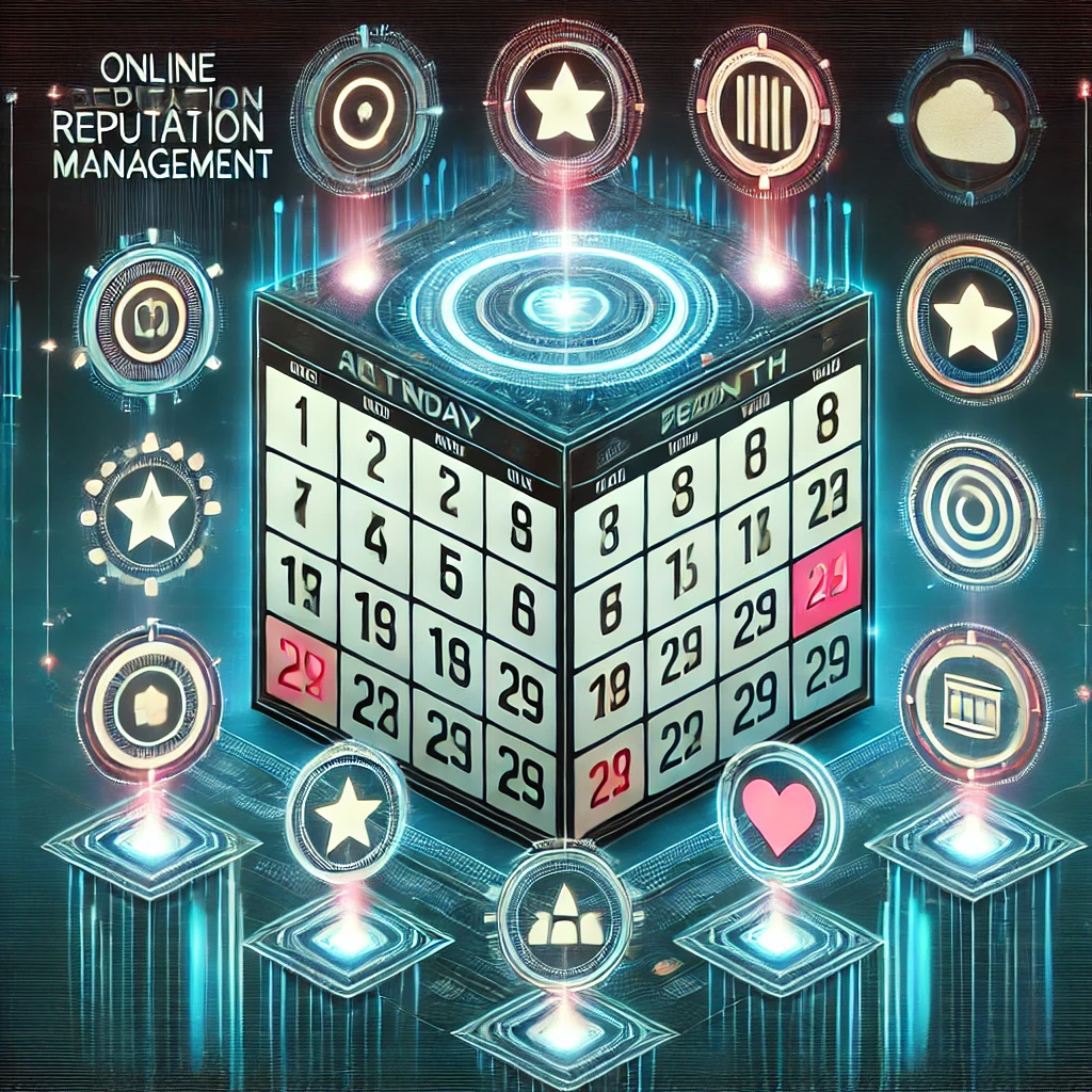 "Infografía futurista con un calendario digital y acciones clave para gestionar la reputación online en 2025 "Infografía futurista con un calendario digital y acciones clave para gestionar la reputación online en 2025