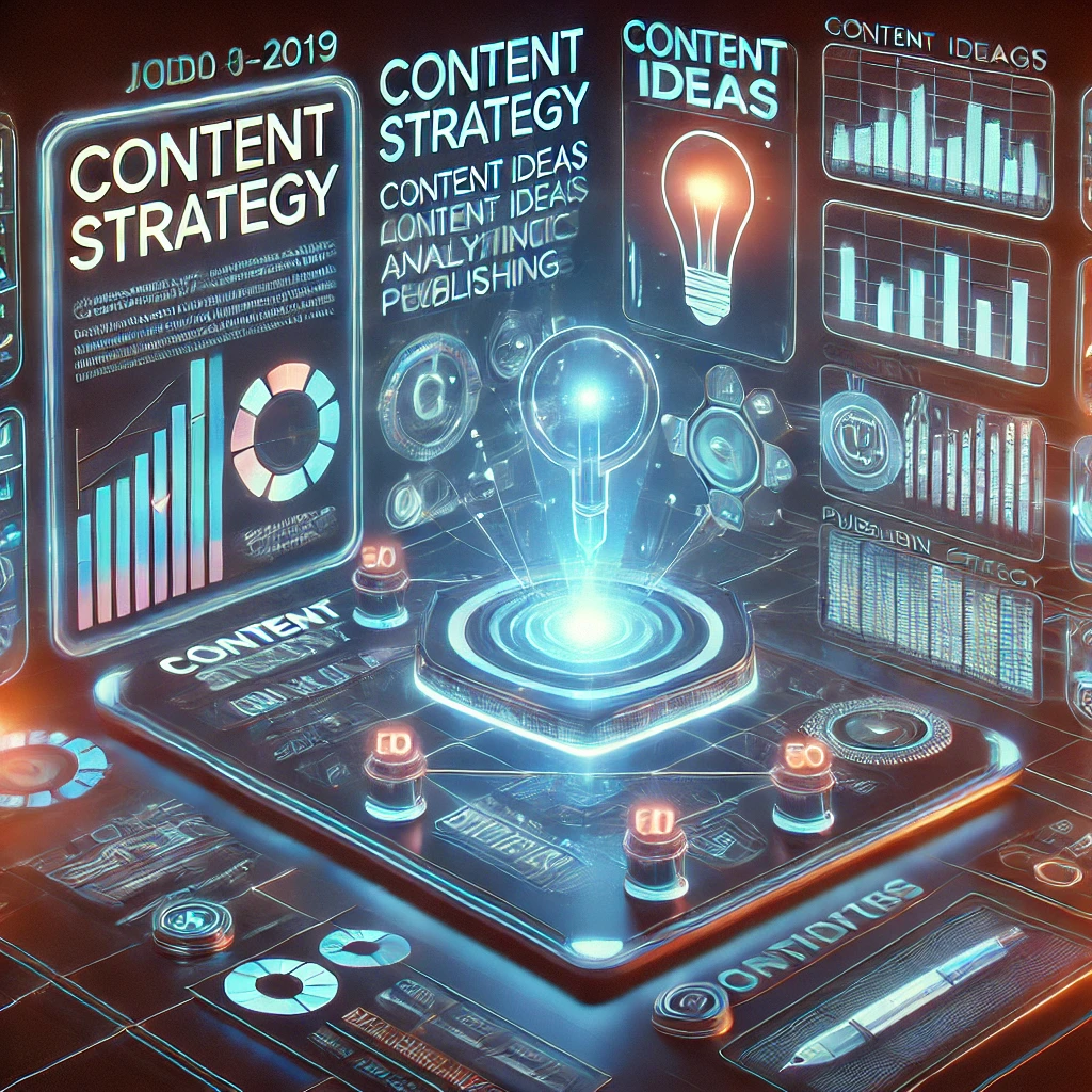 Espacio de trabajo digital futurista con pantallas holográficas mostrando planificación de contenido y análisis de datos Espacio de trabajo digital futurista con pantallas holográficas mostrando planificación de contenido y análisis de datos