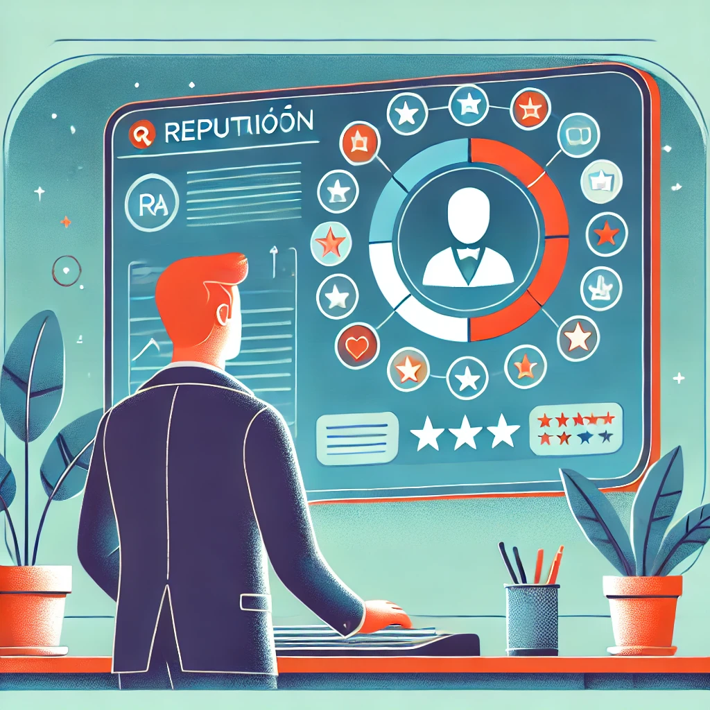 lustración retrofuturista de un emprendedor observando una pantalla donde una IA gestiona la reputación online con una interfaz sencilla y moderna lustración retrofuturista de un emprendedor observando una pantalla donde una IA gestiona la reputación online con una interfaz sencilla y moderna