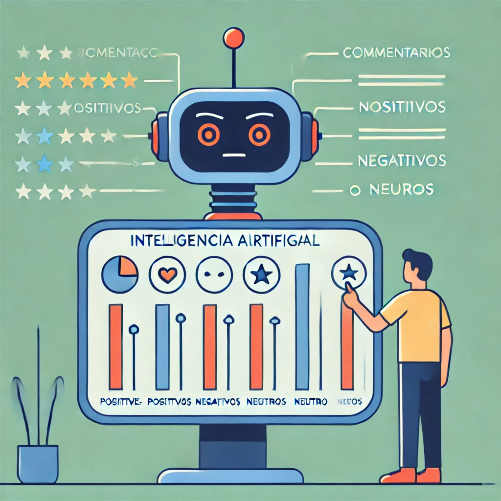 Ilustración retrofuturista de una inteligencia artificial analizando y clasificando comentarios en positivos, neutros o negativos, con gráficos básicos y un diseño minimalista Ilustración retrofuturista de una inteligencia artificial analizando y clasificando comentarios en positivos, neutros o negativos, con gráficos básicos y un diseño minimalista
