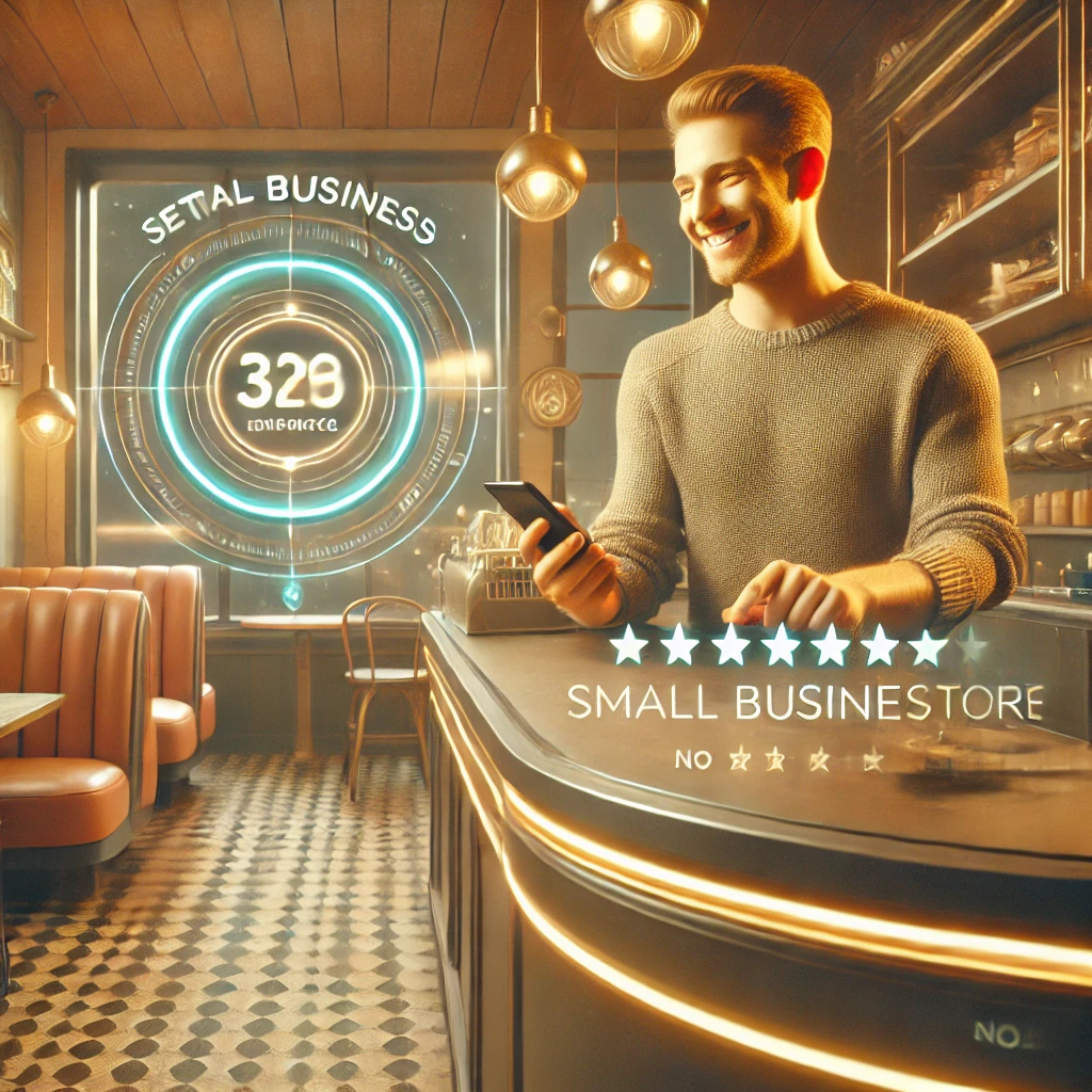 Cliente sonriente dejando una reseña en su celular dentro de una tienda con estilo retrofuturista y ambiente acogedor Cliente sonriente dejando una reseña en su celular dentro de una tienda con estilo retrofuturista y ambiente acogedor