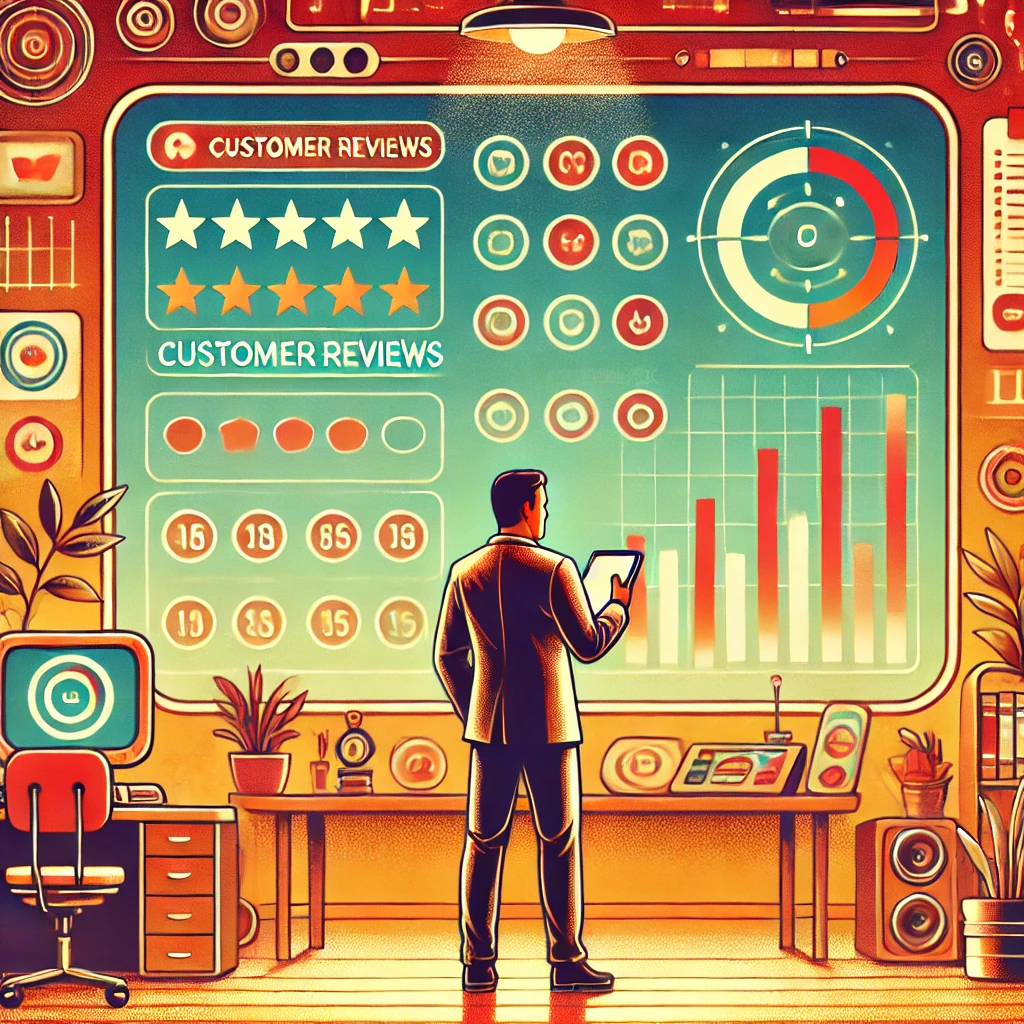Dueño de negocio revisando reseñas de clientes en una tablet, rodeado de pantallas y decoración vintage-futurista Dueño de negocio revisando reseñas de clientes en una tablet, rodeado de pantallas y decoración vintage-futurista