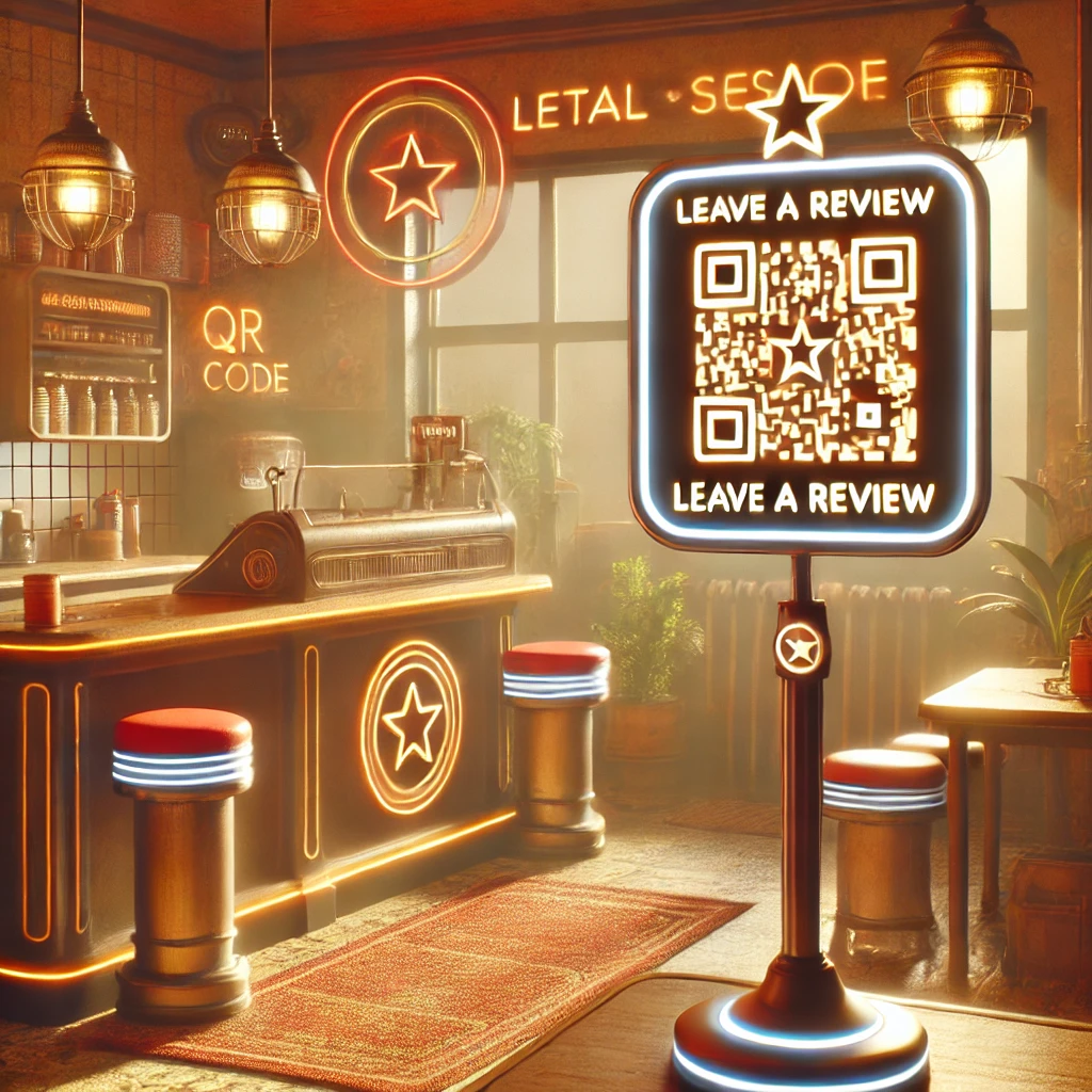 Mostrador de tienda con cartel de código QR para dejar reseñas, en un entorno cálido de estilo retrofuturista Mostrador de tienda con cartel de código QR para dejar reseñas, en un entorno cálido de estilo retrofuturista