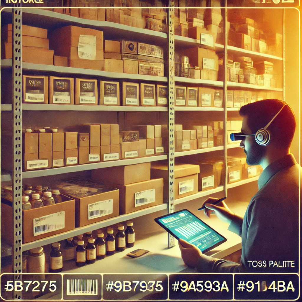 Almacén de PyME con productos organizados y etiquetados digitalmente. Una persona gestiona el inventario desde una tablet en un entorno con elementos nostálgicos y tecnología integrada Almacén de PyME con productos organizados y etiquetados digitalmente. Una persona gestiona el inventario desde una tablet en un entorno con elementos nostálgicos y tecnología integrada