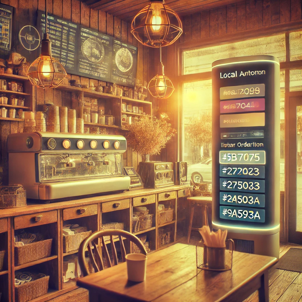 Panadería local con decoración vintage combinada con tecnología moderna como pantallas digitales y sistema de pedidos automatizado. Escena cálida y retrofuturista que refleja eficiencia y tradición Panadería local con decoración vintage combinada con tecnología moderna como pantallas digitales y sistema de pedidos automatizado. Escena cálida y retrofuturista que refleja eficiencia y tradición