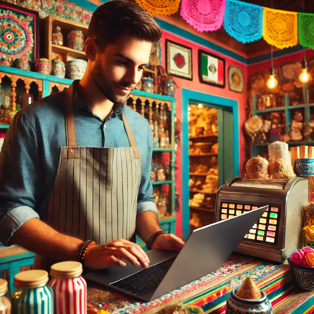 Dueño de negocio mexicano atendiendo clientes con tecnología Dueño de negocio mexicano atendiendo clientes con tecnología