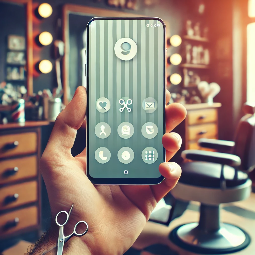 Primer plano de la mano de un barbero usando un smartphone. El fondo muestra elementos tradicionales como tijeras y espejo. Estilo fotográfico retrofuturista con la paleta de TOSS Primer plano de la mano de un barbero usando un smartphone. El fondo muestra elementos tradicionales como tijeras y espejo. Estilo fotográfico retrofuturista con la paleta de TOSS