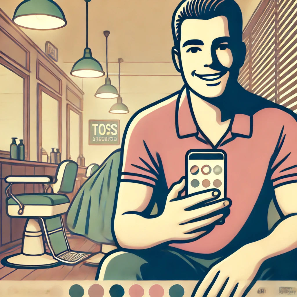 Cliente sentado en una barbería con estética nostálgica, sonriendo mientras revisa su smartphone. Escena limpia y moderna con iluminación suave y colores de marca TOSS Cliente sentado en una barbería con estética nostálgica, sonriendo mientras revisa su smartphone. Escena limpia y moderna con iluminación suave y colores de marca TOSS