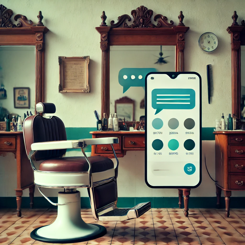 Interior de una barbería en CDMX con estilo retro, mostrando una silla clásica, espejo y un smartphone sobre el mostrador con notificaciones sutiles. Ambiente cálido y minimalista con colores TOSS Interior de una barbería en CDMX con estilo retro, mostrando una silla clásica, espejo y un smartphone sobre el mostrador con notificaciones sutiles. Ambiente cálido y minimalista con colores TOSS