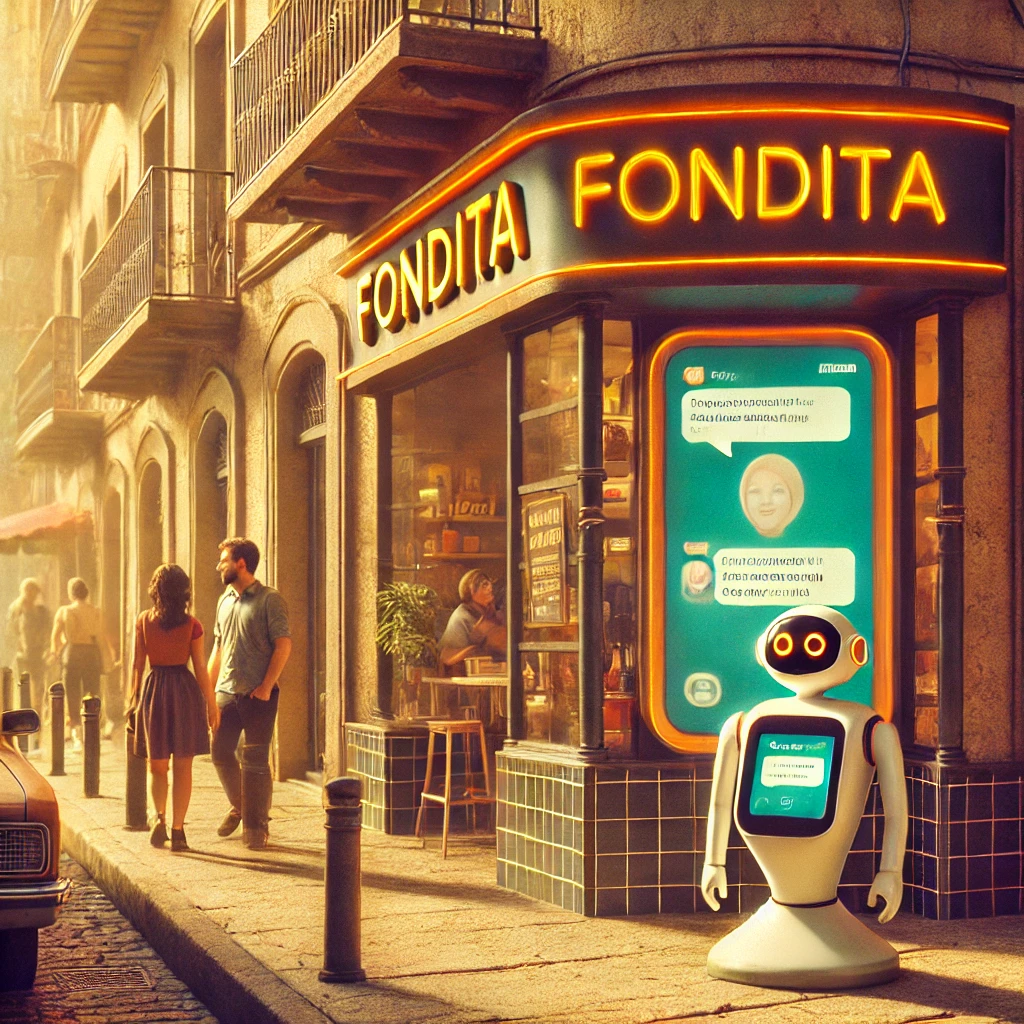 Cliente sonriente recibiendo su comida en una fondita tras hacer el pedido mediante un chatbot, en un entorno retrofuturista de estilo latino Cliente sonriente recibiendo su comida en una fondita tras hacer el pedido mediante un chatbot, en un entorno retrofuturista de estilo latino