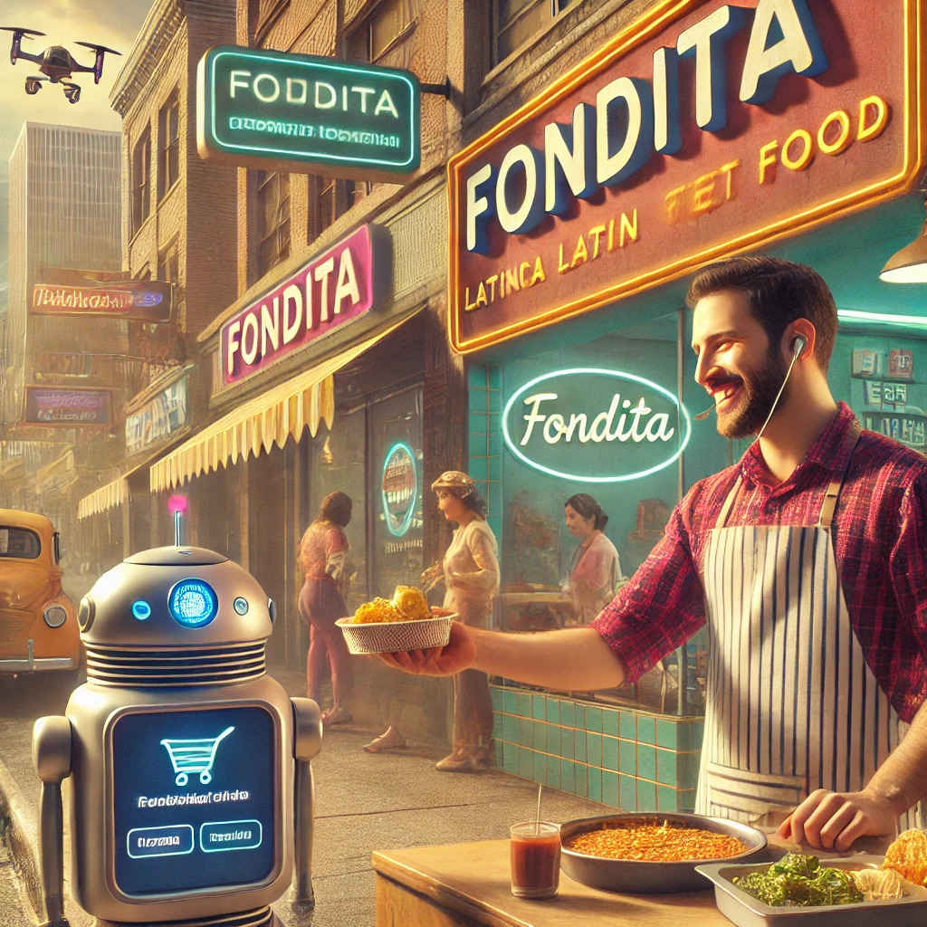 Fondita tradicional en una calle latina con una pantalla futurista de chatbot atendiendo a los clientes, en un entorno cálido y retrofuturista Fondita tradicional en una calle latina con una pantalla futurista de chatbot atendiendo a los clientes, en un entorno cálido y retrofuturista