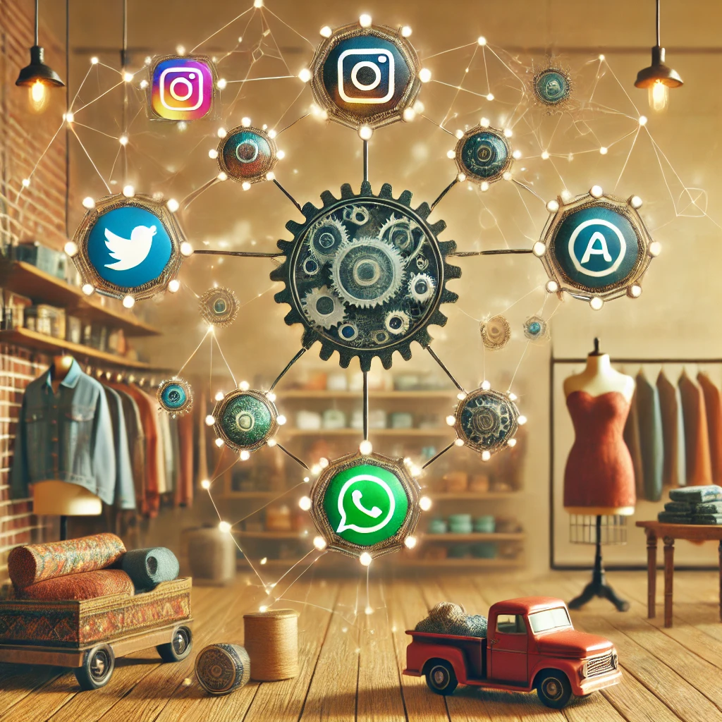 Concepto estilizado de una tienda digital automatizada con engranajes e íconos de redes sociales, en un entorno artesanal retrofuturista Concepto estilizado de una tienda digital automatizada con engranajes e íconos de redes sociales, en un entorno artesanal retrofuturista