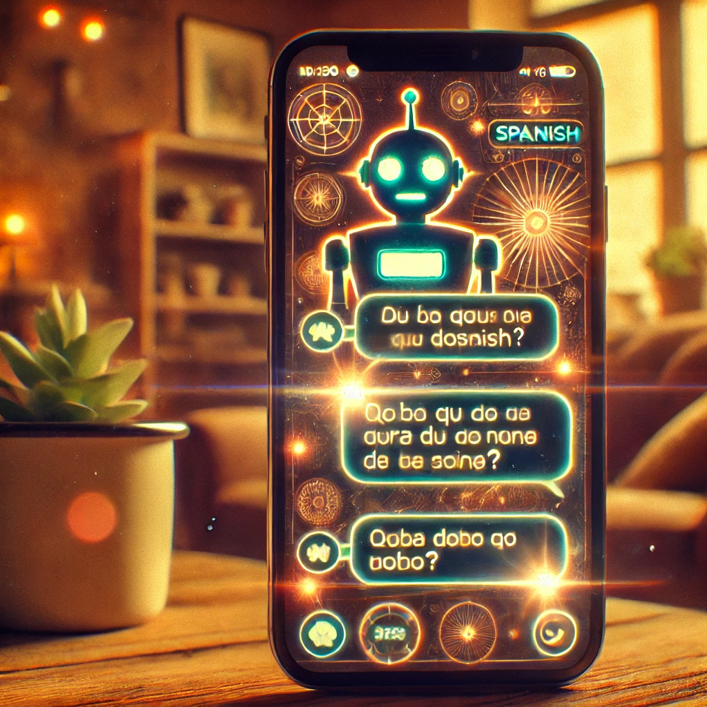 Pantalla retrofuturista de un celular mostrando una conversación de chatbot en español, con fondo cálido de estilo latinoamericano Pantalla retrofuturista de un celular mostrando una conversación de chatbot en español, con fondo cálido de estilo latinoamericano