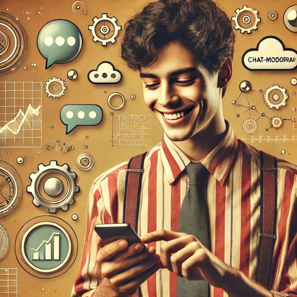 Emprendedor latinoamericano observando su celular, rodeado de íconos tecnológicos flotantes, con ambiente nostálgico retrofuturista Emprendedor latinoamericano observando su celular, rodeado de íconos tecnológicos flotantes, con ambiente nostálgico retrofuturista