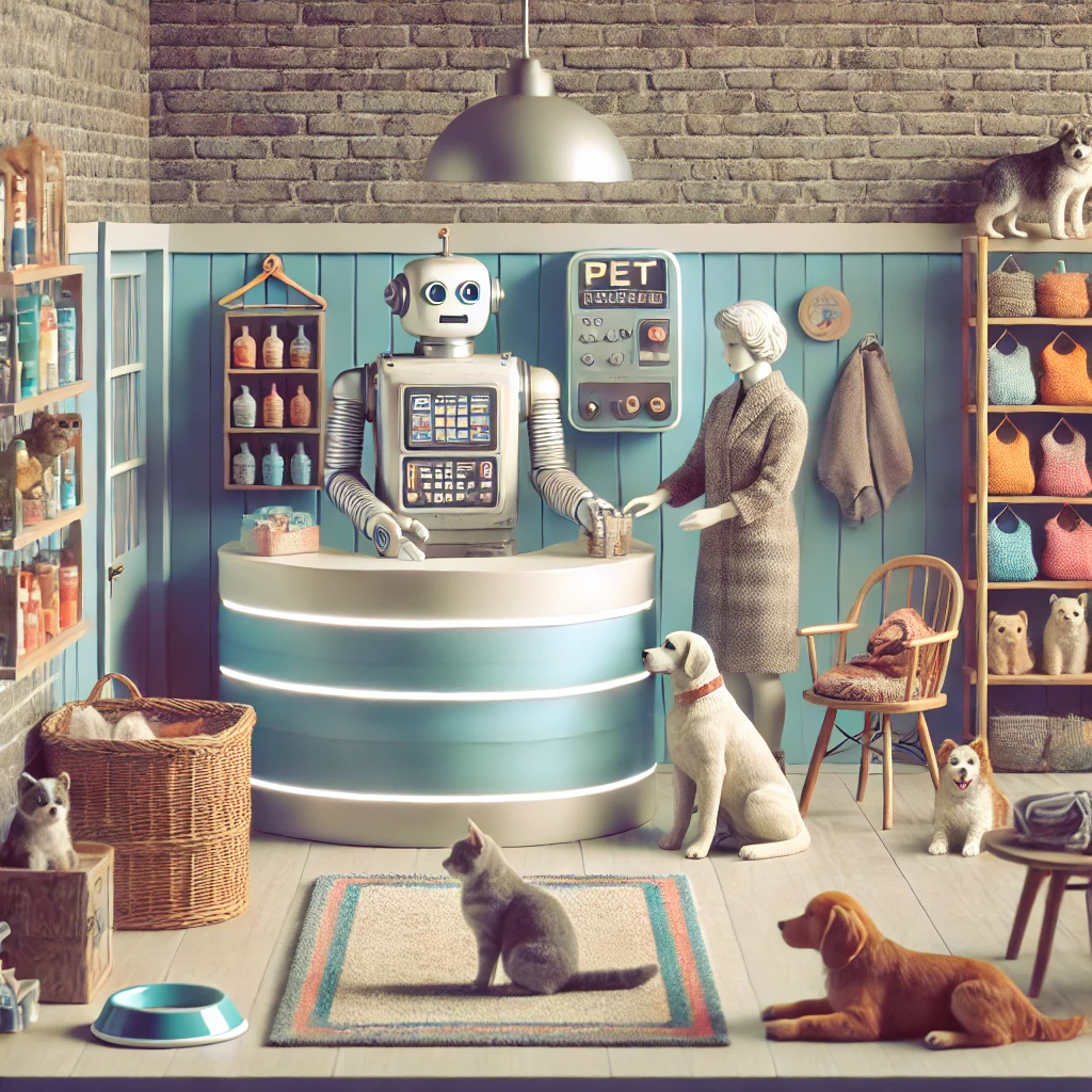 Tienda de mascotas retrofuturista con un robot simpático atendiendo clientes, en un ambiente cálido y colorido con tonos azul y gris. Tienda de mascotas retrofuturista con un robot simpático atendiendo clientes, en un ambiente cálido y colorido con tonos azul y gris.