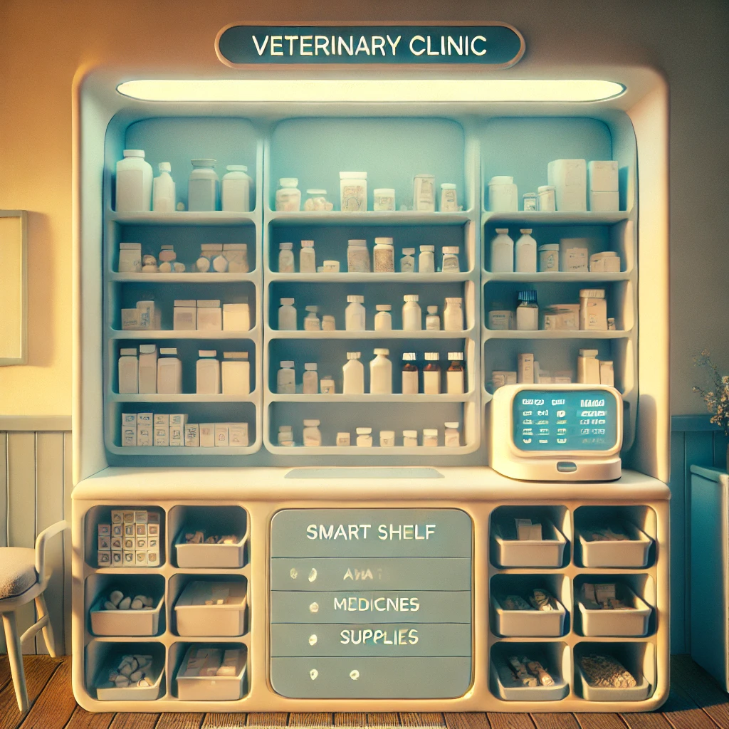 Veterinaria pequeña retrofuturista con estanterías inteligentes que organizan productos automáticamente, en un ambiente acogedor de tonos azul y gris Veterinaria pequeña retrofuturista con estanterías inteligentes que organizan productos automáticamente, en un ambiente acogedor de tonos azul y gris