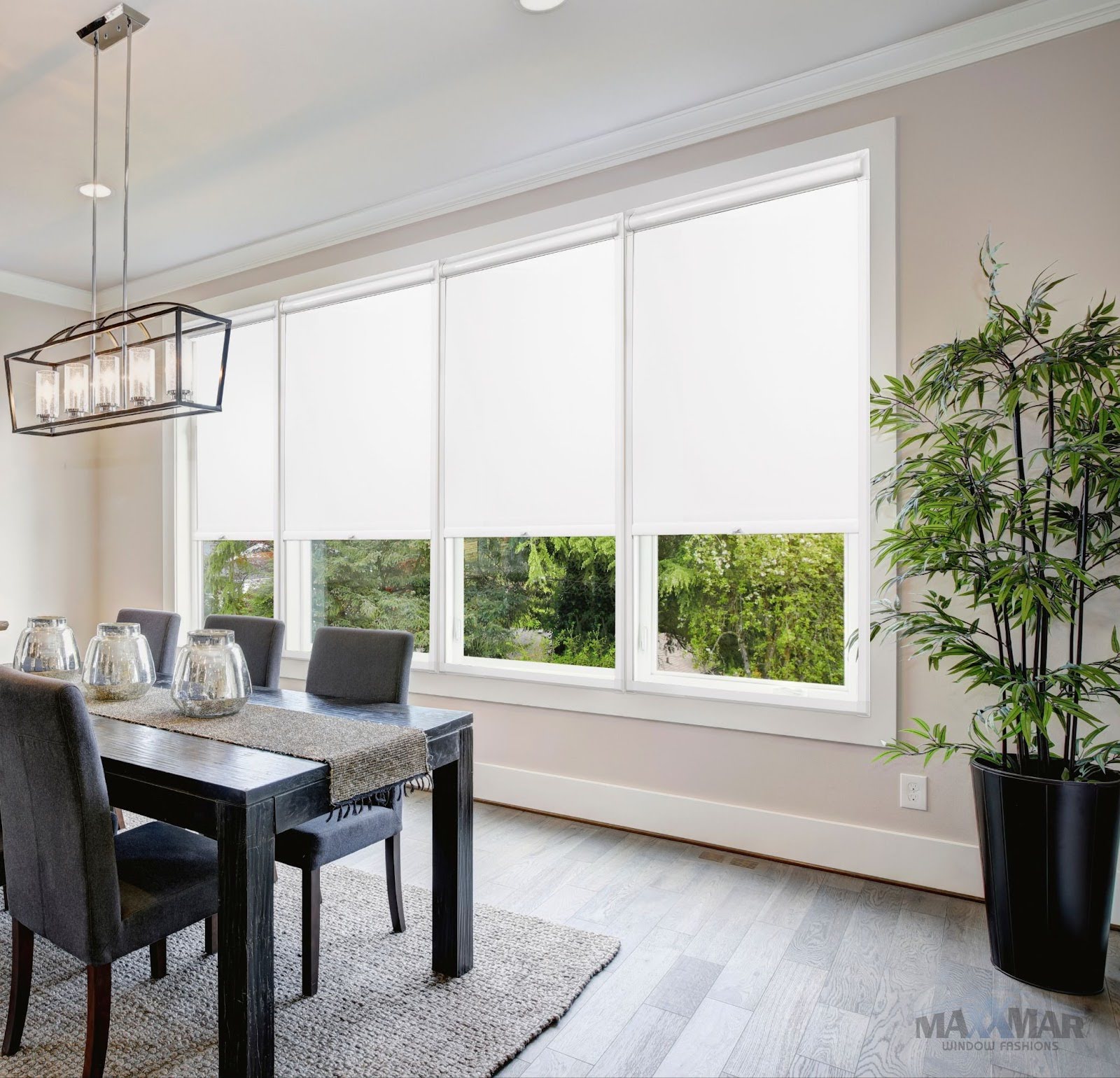 Better Fit Roller Shade by Maxxmar Window Fashions installed by Fasada Windows and Doors Oakville on four dining room windows. Better Fit Roller Shade by Maxxmar Window Fashions installed by Fasada Windows and Doors Oakville on four dining room windows.