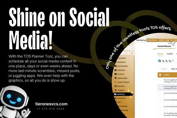 Promotional graphic for TOS Planner Tool by Tier One Services, highlighting features for scheduling social media posts in advance, reducing missed posts and app switching — part of an AI-powered automation suite for streamlined content management.