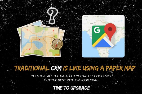 Comparison of traditional CRM to AI-powered CRM using map imagery — traditional CRM shown as a paper map with a compass, and AI CRM symbolized by Google Maps icon, highlighting the need to upgrade for better efficiency and automation Comparison of traditional CRM to AI-powered CRM using map imagery — traditional CRM shown as a paper map with a compass, and AI CRM symbolized by Google Maps icon, highlighting the need to upgrade for better efficiency and automation