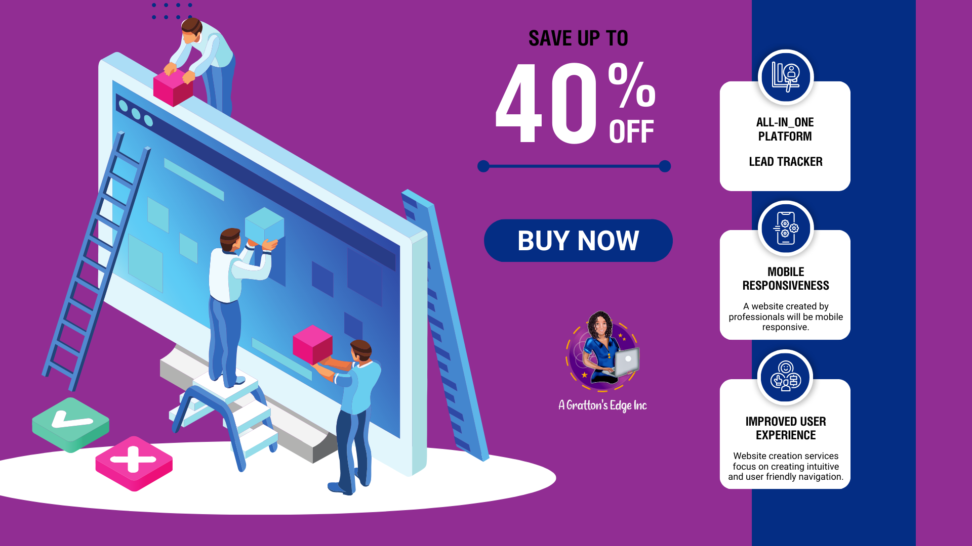 illustration of animated man climbing a ladder to access tech enablement tool, including a 40% off offer for an all-in-one platform illustration of animated man climbing a ladder to access tech enablement tool, including a 40% off offer for an all-in-one platform
