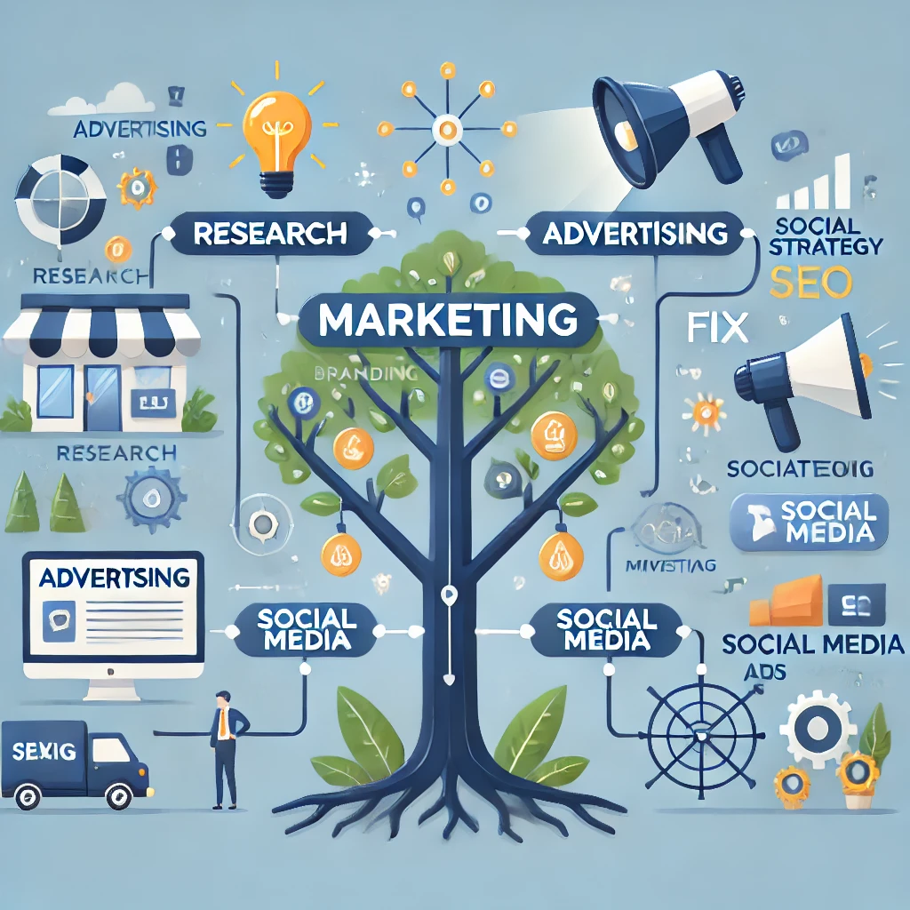 Illustration of 'Marketing' as a tree with roots labeled 'Research,' 'Branding,' 'Strategy' and branches showing 'SEO,' 'Social Media,' and 'Customer Engagement,' alongside 'Advertising' as a spotlight or megaphone highlighting channels like TV, Social Media Ads, Billboards, and Online Banners.