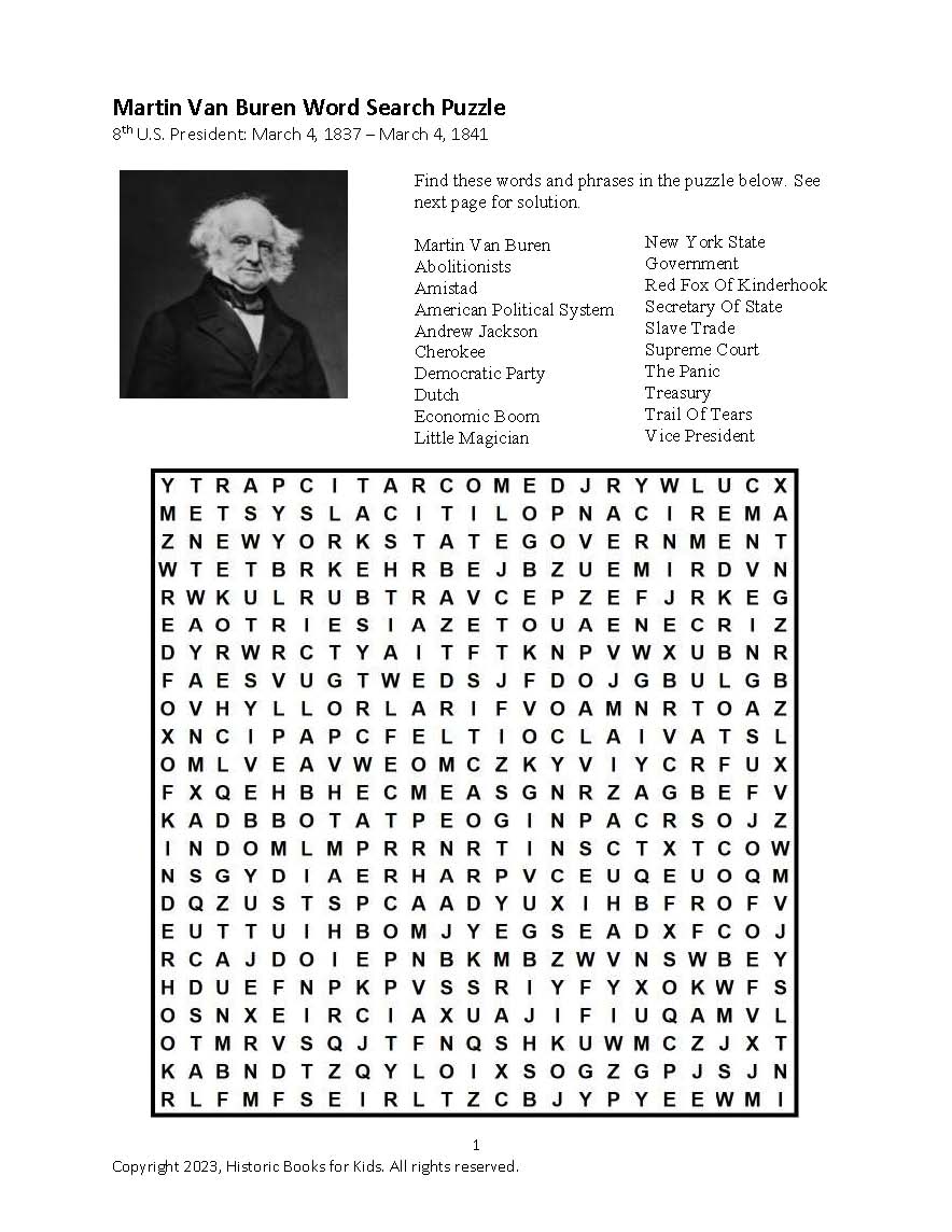 Martin Van Buren Word Search Puzzle