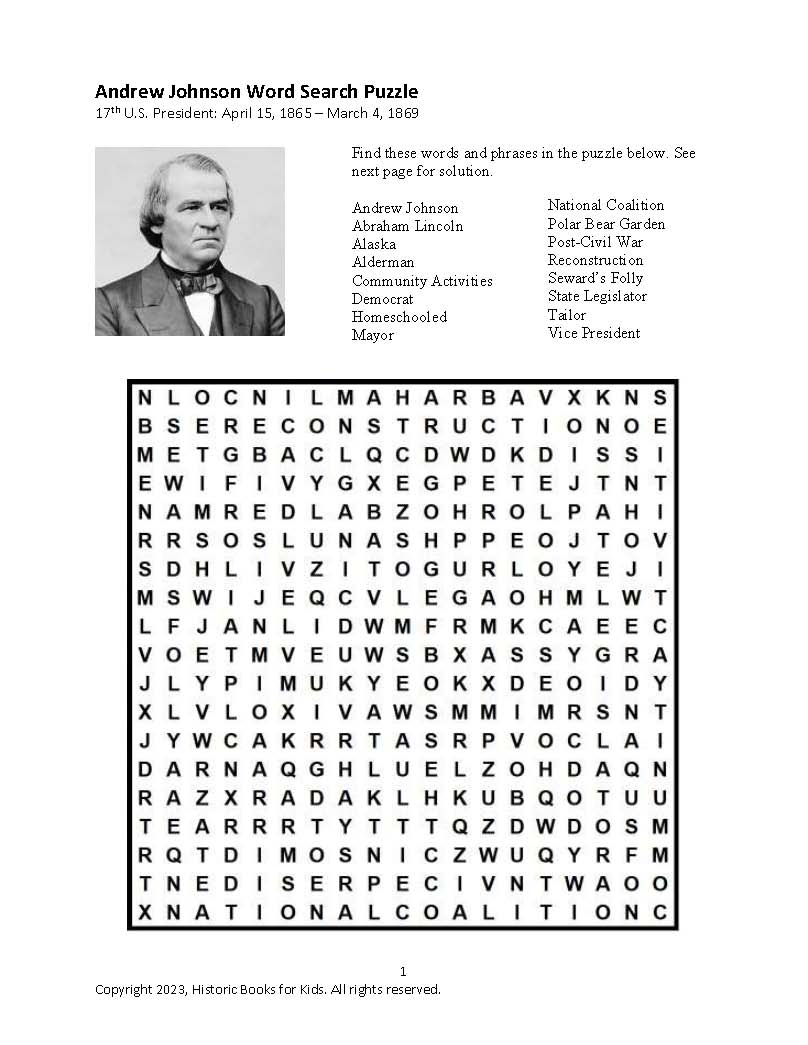 Free President Andrew Johnson Word Search Puzzle