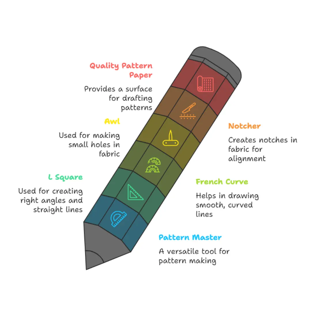 drawing of a pencil with sections relating to differnet tools required
