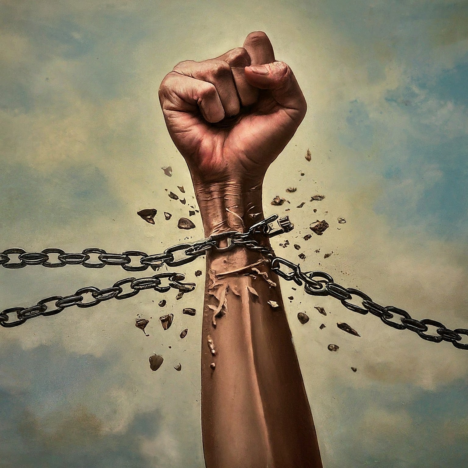 an arm breaking free from chains an arm breaking free from chains