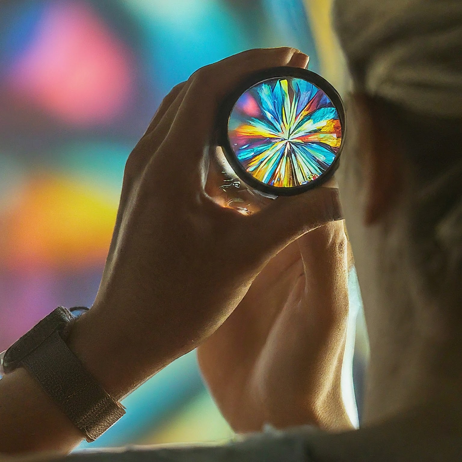 person looking through a kaleidoscope with colorful objects person looking through a kaleidoscope with colorful objects