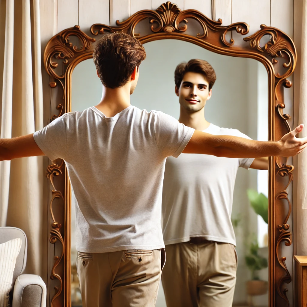 young man standing in front of a mirror with arms stretched out young man standing in front of a mirror with arms stretched out