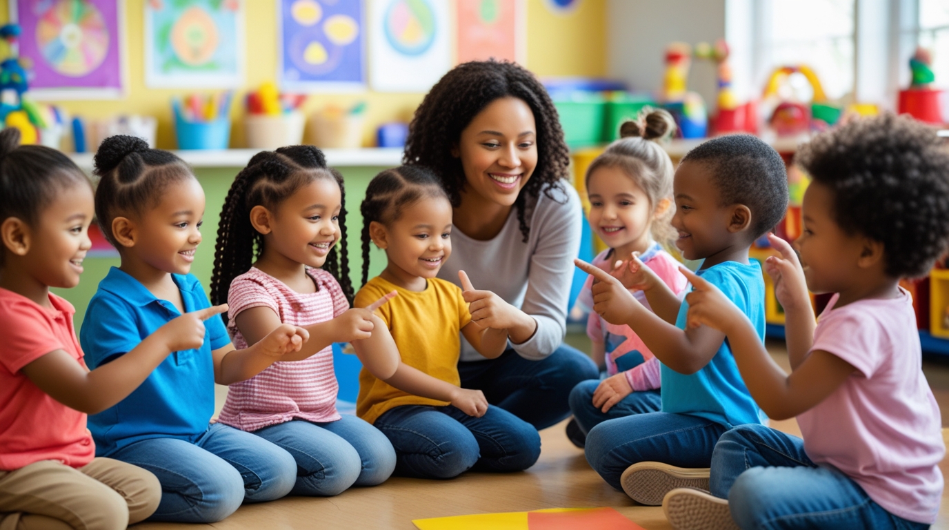A friendly teacher kneels with them, guiding the children as they point to their own body parts—nose, eyes, ears, and hands