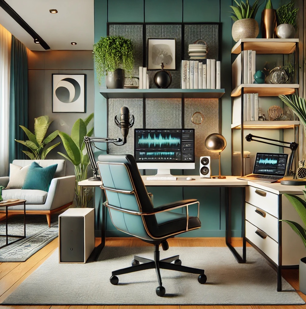 "Stylish home office setup with a teal and gold color scheme, featuring a desk with dual monitors displaying audio editing software, professional microphone arms, a sleek ergonomic chair, and decorative shelves with books and plants. Cozy seating area and tall green plants add warmth and balance to the space." "Stylish home office setup with a teal and gold color scheme, featuring a desk with dual monitors displaying audio editing software, professional microphone arms, a sleek ergonomic chair, and decorative shelves with books and plants. Cozy seating area and tall green plants add warmth and balance to the space."