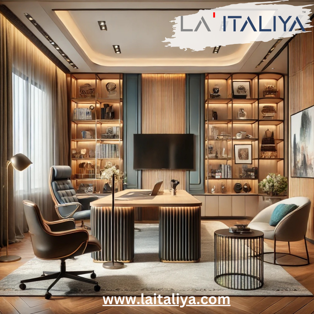 A luxurious and modern office space designed by La' Italiya, featuring a sophisticated wooden desk with fluted detailing, ergonomic executive chairs, ambient lighting, and stylish built-in shelving with warm tones and curated decor. The room includes a central TV screen, floor-to-ceiling curtains, and tasteful accents, creating an elegant and productive workspace. The La' Italiya logo and website URL are displayed prominently. A luxurious and modern office space designed by La' Italiya, featuring a sophisticated wooden desk with fluted detailing, ergonomic executive chairs, ambient lighting, and stylish built-in shelving with warm tones and curated decor. The room includes a central TV screen, floor-to-ceiling curtains, and tasteful accents, creating an elegant and productive workspace. The La' Italiya logo and website URL are displayed prominently.